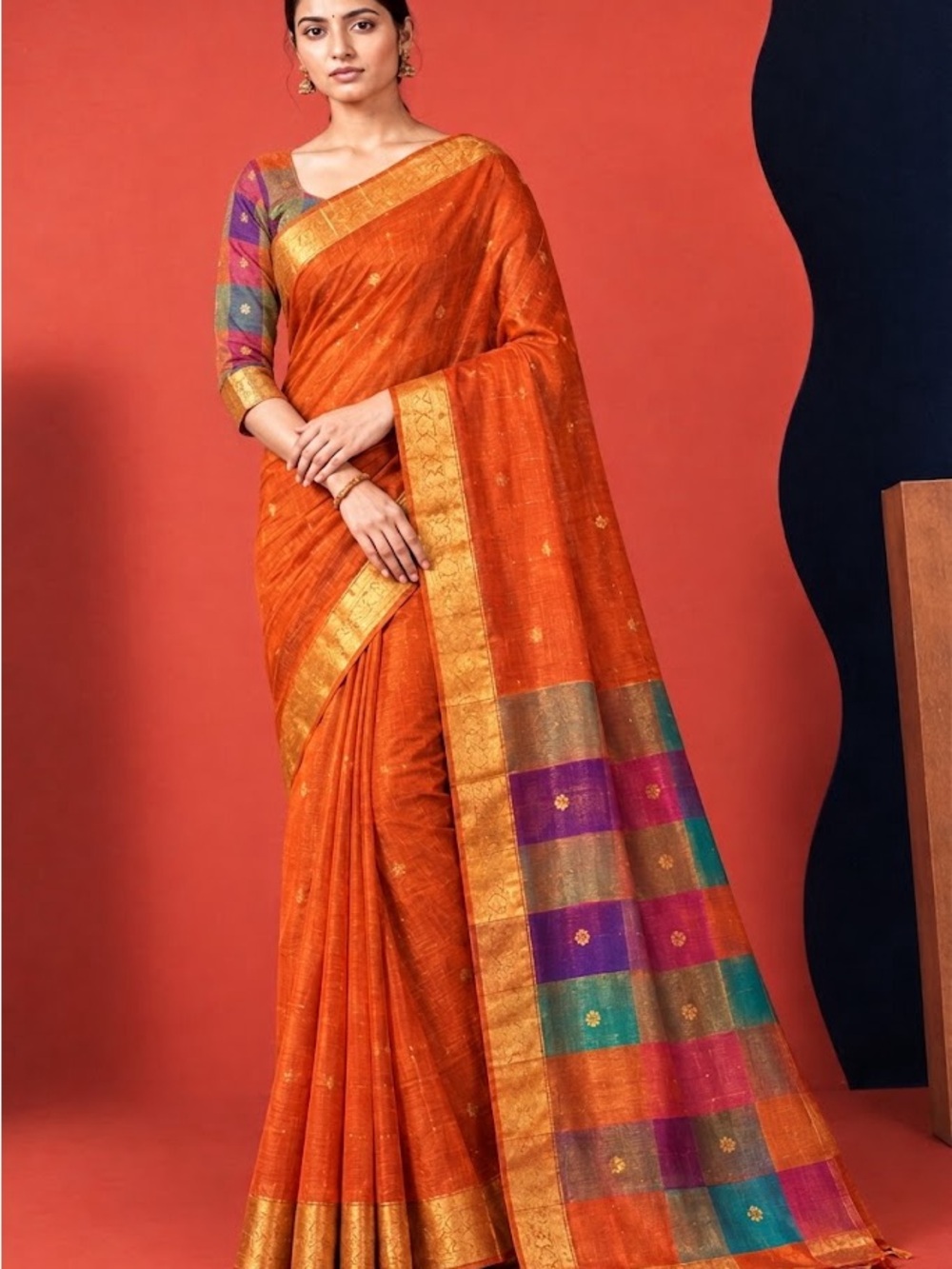 Orange cotton/linen blended Saree with Multicolor Border matching blouse piece